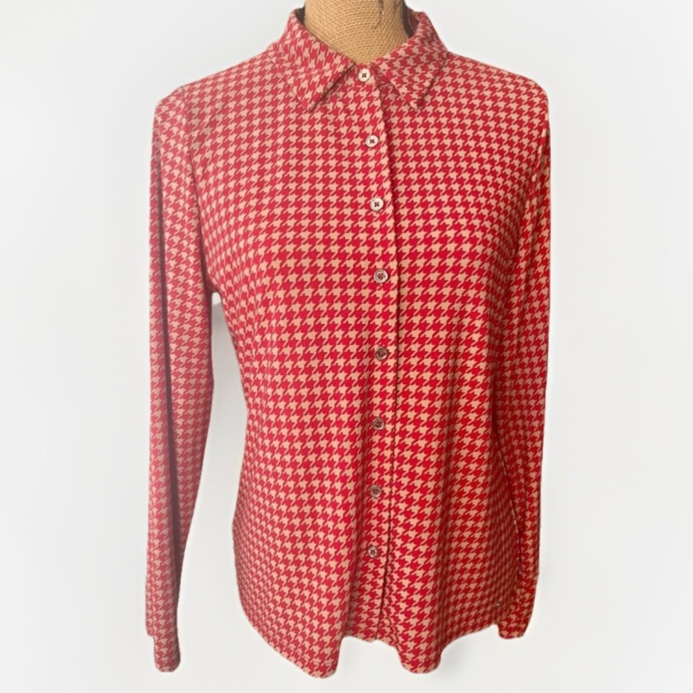 Tommy Hilfiger Houndstooth Button Down Blouse Gold Buttons Red Tan Size Medium